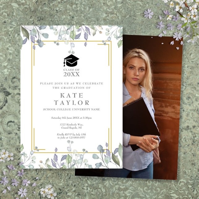 Invitation Fleur aquarelle verdure Photo Graduation Party (Floral Watercolor Greenery Photo Graduation Party Invitation)