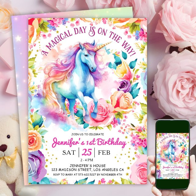 Invitation Fleur arc-en-ciel de Unicorne | 1er anniversaire (#UnicornBirthdayInvitation #UnicornBirthdayInvitationTemplate #UnicornBirthdayInvitationEditable 
)