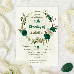 Invitation fleur beige vert émeraude anniversaire