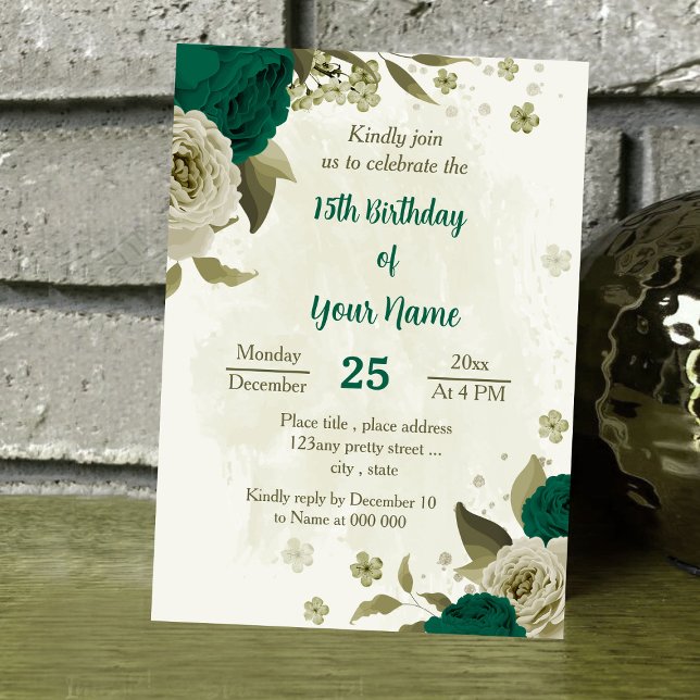 Invitation fleur beige vert émeraude anniversaire (Créateur téléchargé)