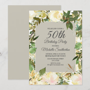 Invitation Fleur Blanche Crème Sage Vert 50e Anniversaire