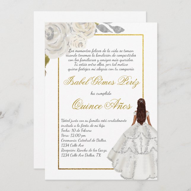 Invitation Fleur blanche Demande de coing en espagnol (Devant / Derrière)