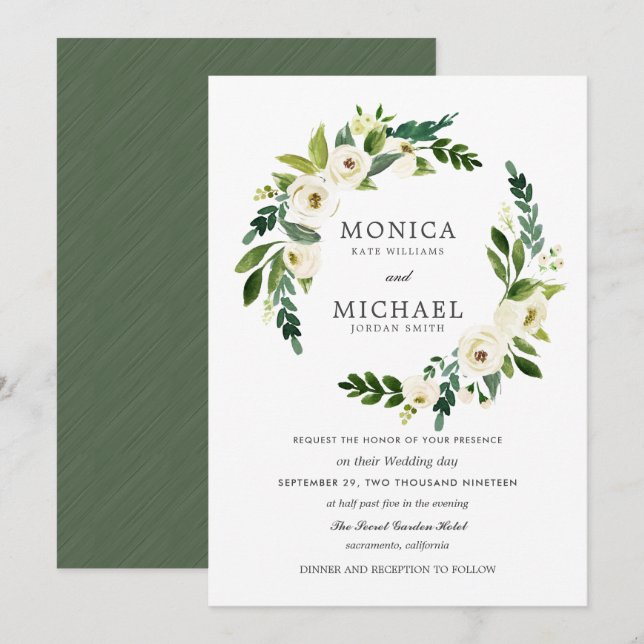 Invitation Fleur blanche | Élégant mariage de couronne fleuri (Devant / Derrière)