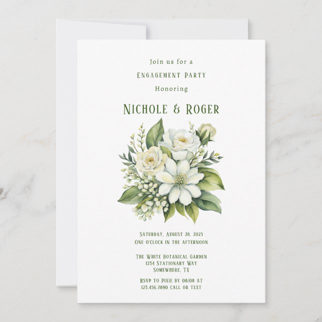 Invitation Fleur blanche Green Painted Engagement Party (Devant)