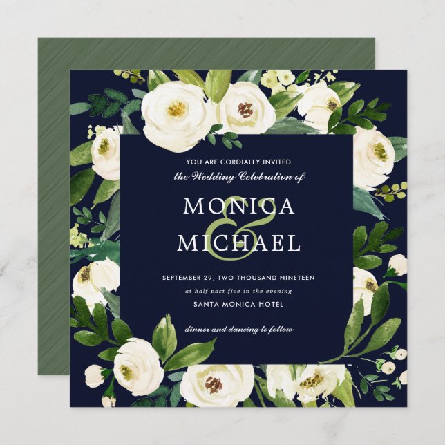 Invitation Fleur blanche | Mariage végétal bleu (Devant / Derrière)