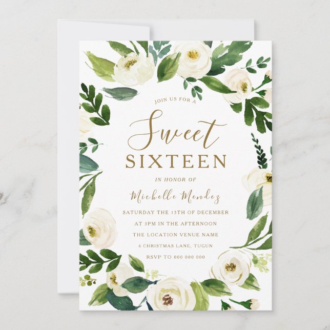 Invitation Fleur blanche moderne Wreath Sweet 16 Party (Devant)