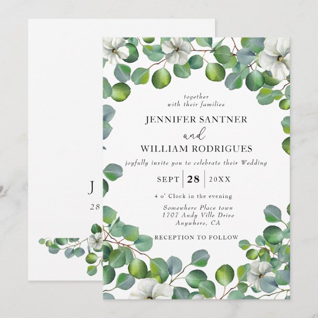 Invitation Fleur blanche rustique et Mariage d'Eucalyptus (Devant / Derrière)