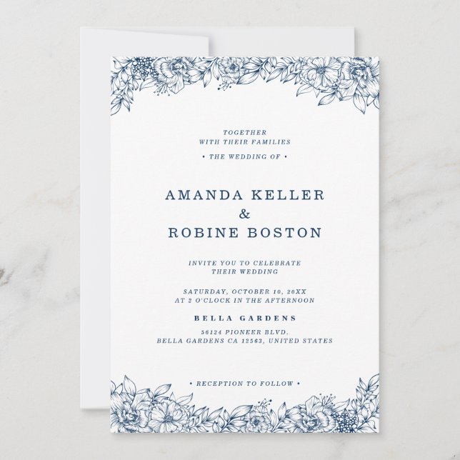 Invitation Fleur Bleu Blanc Élégant Mariage simple (Devant)