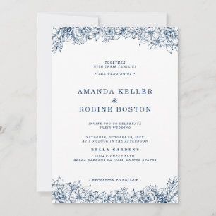 Invitation Fleur Bleu Blanc Élégant Mariage simple