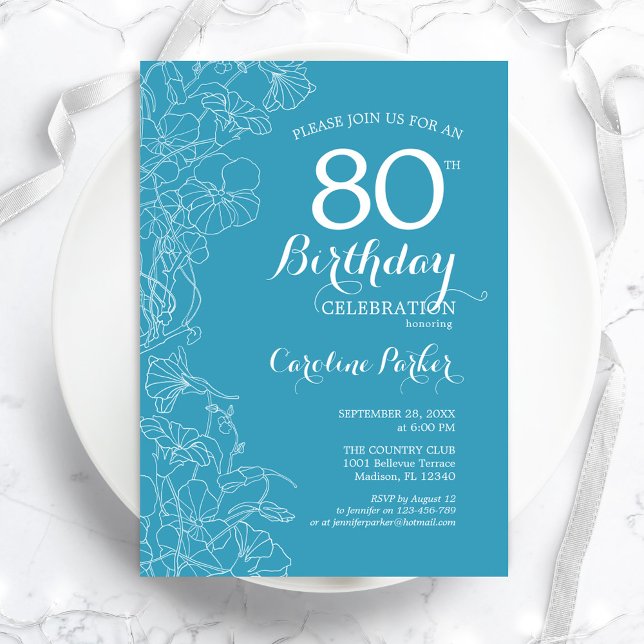 Invitation Fleur bleu clair 80e anniversaire (Créateur téléchargé)