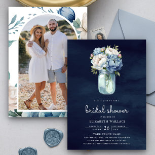Invitation Fleur Bleu Poussiéreux Jar Mason Bleu Marine Fête
