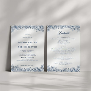 Invitation Fleur Bleue Blanc Élégant Mariage Tout en un