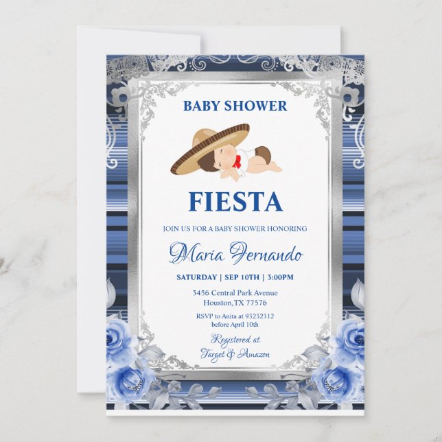 Invitation Fleur bleue marine Baby shower mexicain Fiesta  (Devant)