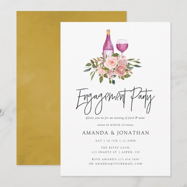Invitation Fleur Blush & Gold Wine Tasting Party (Devant / Derrière)
