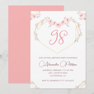 Invitation Fleur bohème aquarelle rose pour 98e anniversaire
