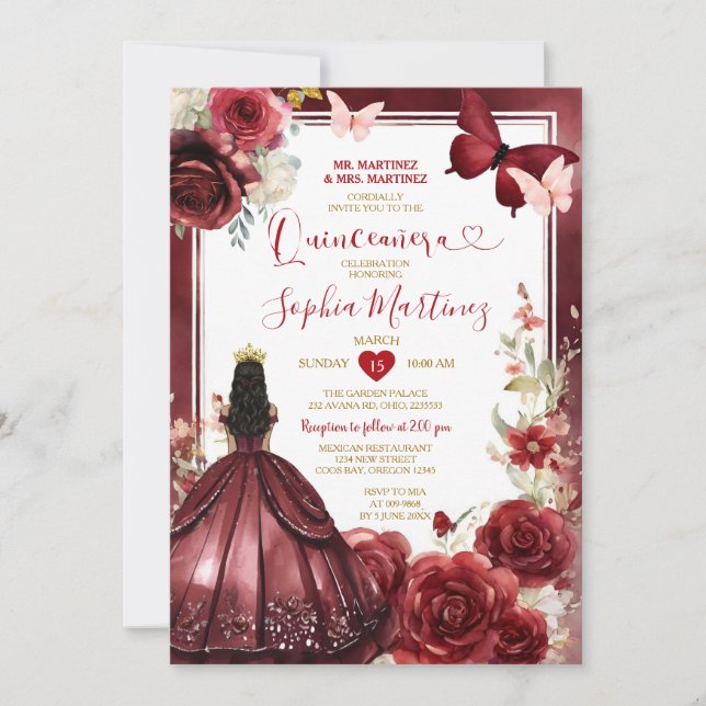Invitation Fleur Bourgogne Rouge princesse papillon Quinceañe (Devant)