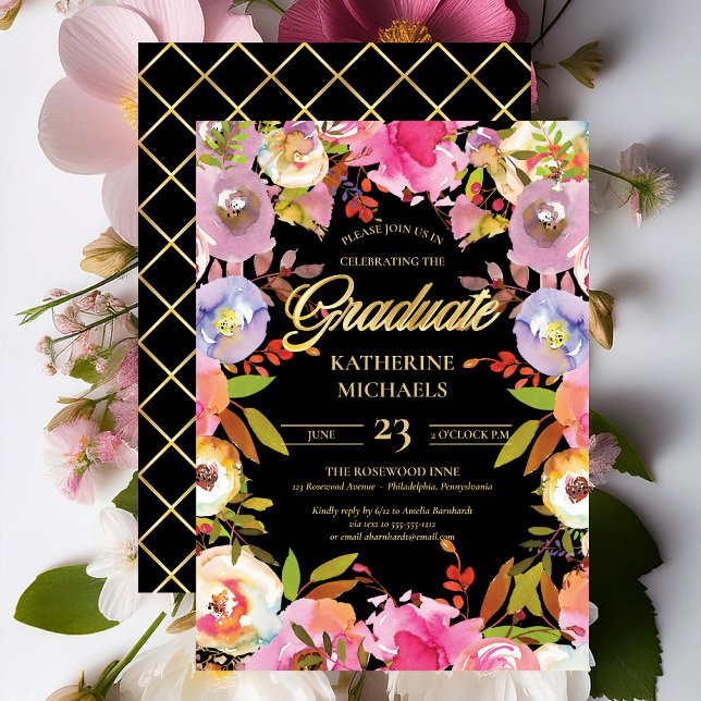 Invitation Fleur brillante Aquarelle Floral Graduation Party (Brilliant Bloom Watercolor Floral Graduation Party Invitation with Faux Foil Accents Print | Digital)