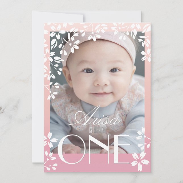 Invitation Fleur chic moderne photo 1er anniversaire : SAKURA (Devant)