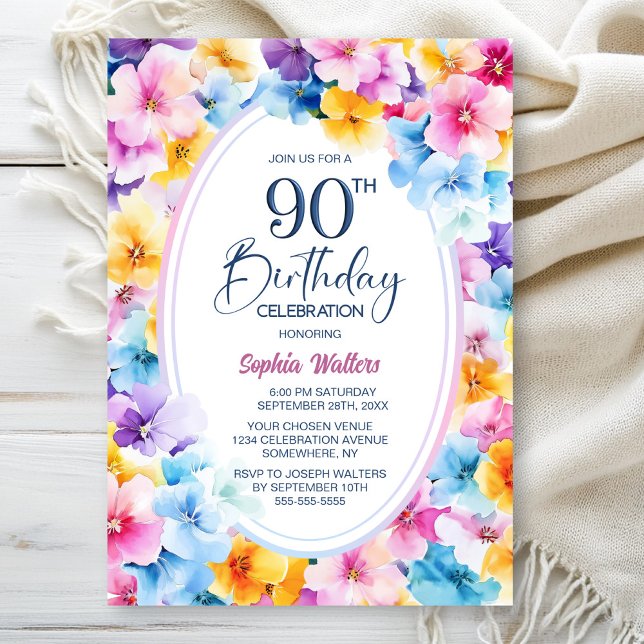 Invitation Fleur colorée Oval 90e fête d'anniversaire (Créateur téléchargé)