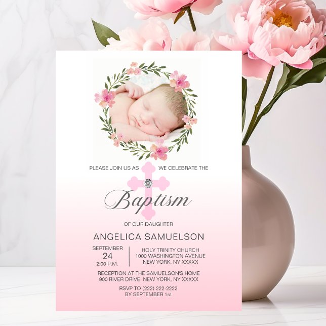 Invitation Fleur couronne rose BAPTISM FILLE | PHOTO (Floral Wreath Pink BAPTISM GIRL  PHOTO Invitation)