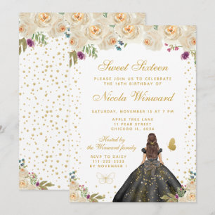 Invitation Fleur Crème Cheveux Bruns Princesse Sweet Seize An