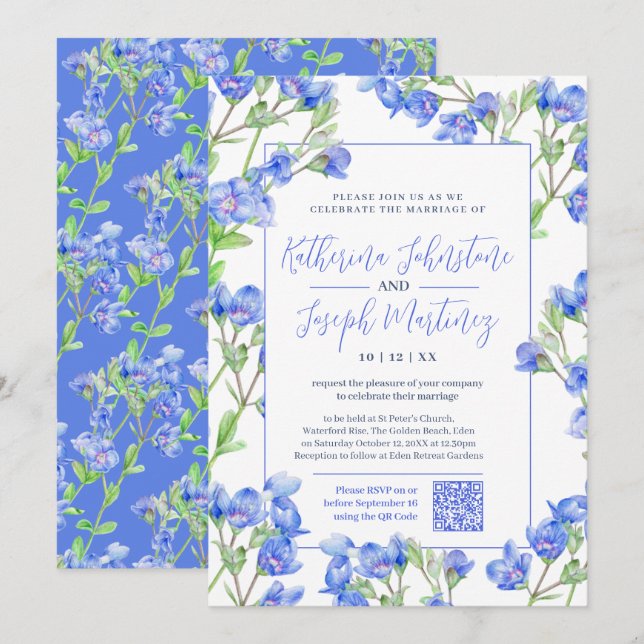 Invitation Fleur d'aquarelle bleu Speedwell QR RSVP mariage (Devant / Derrière)