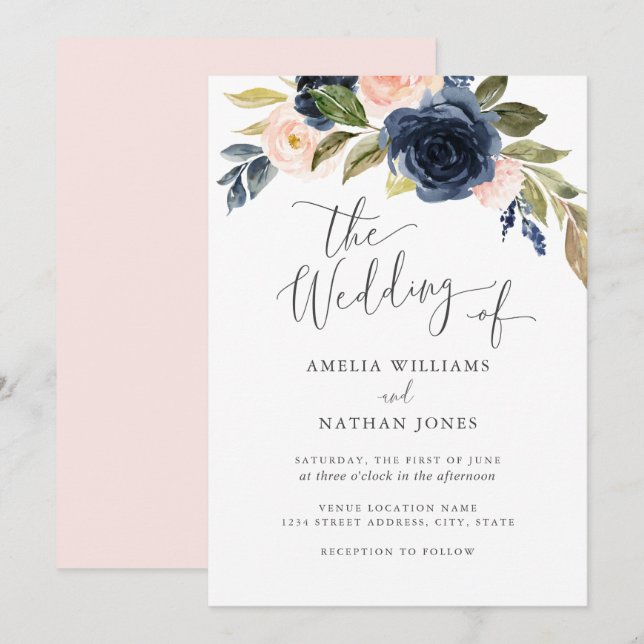Invitation Fleur d'aquarelle Blush Navy Mariage de couronne (Devant / Derrière)