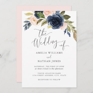 Invitation Fleur d'aquarelle Blush Navy Mariage de couronnes
