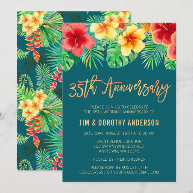 Invitation Fleur d'aquarelle tropicale 35e anniversaire (Devant / Derrière)