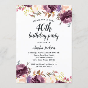 Invitation Fleur d'aquarelle violet Floral 40e fête d'anniver