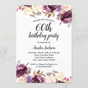 Invitation Fleur d'aquarelle violet Floral 60e fête d'anniver