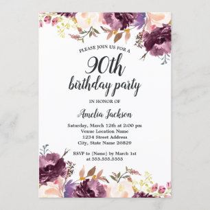 Invitation Fleur d'aquarelle violet Floral 90e anniversaire f