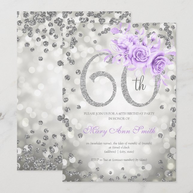 Invitation Fleur d'argent 60e anniversaire éclat violet (Devant / Derrière)
