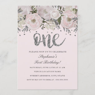 Invitation Fleur d'argent rose pâle Floral un premier anniver