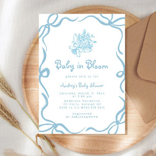 Invitation Fleur de bébé dessinée à la main en bleu pour Baby