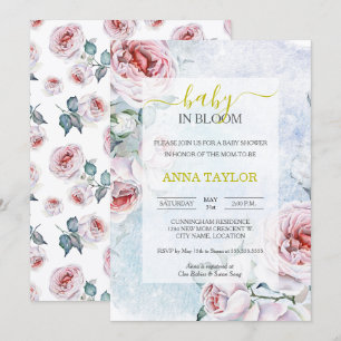 Invitation Fleur de bébé Élégant floral Bleu Baby Shower