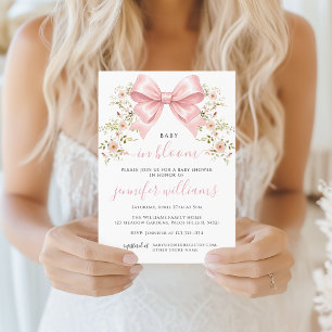 Invitation Fleur de bébé fille à l'arc rose Baby Shower