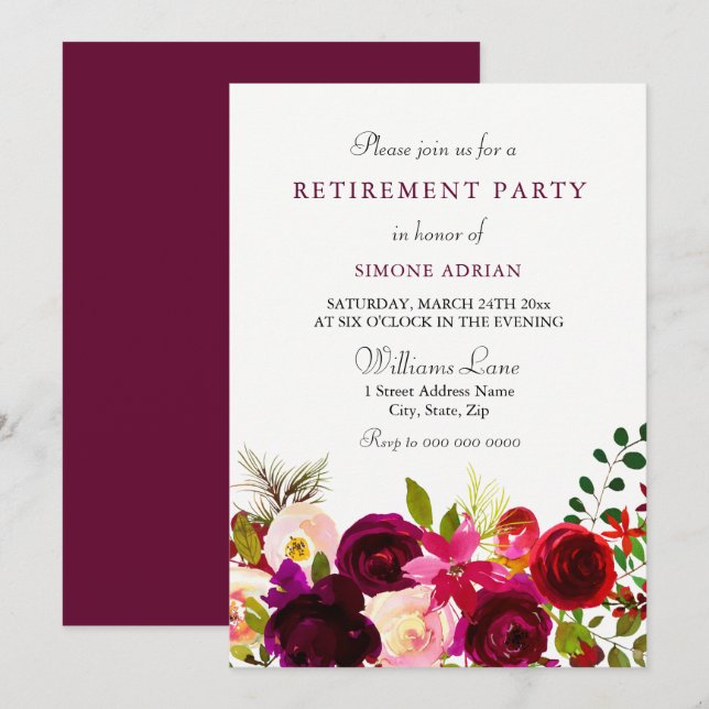 Invitation Fleur de Bourgogne Floral Élégant Parti de retrait (Devant / Derrière)