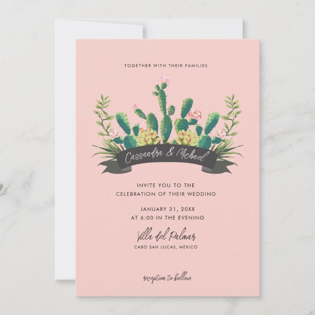 Invitation Fleur de Cactus du désert | Mariage rose (Devant)