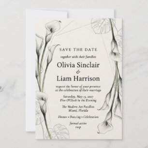 Invitation Fleur de calla monochrome et aquarelle de feuille