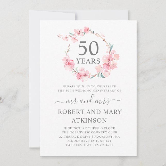 Invitation Fleur de cerise rose 50e anniversaire du Mariage (Devant)