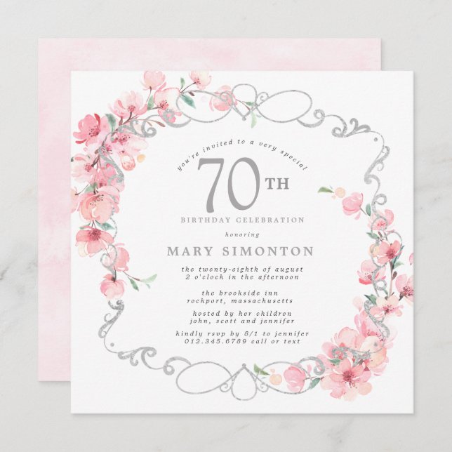 Invitation Fleur de cerise rose 70e anniversaire (Devant / Derrière)