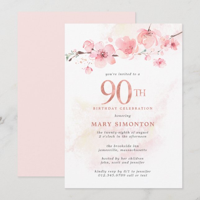 Invitation Fleur de cerise rose pâle 90e anniversaire (Devant / Derrière)