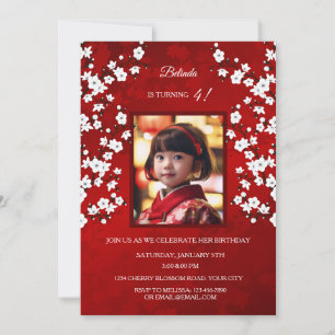 Invitation Fleur de cerisier blanc rouge   Photo Anniversaire