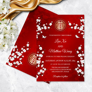 Invitation Fleur de Cerisier Blanche Mariage Chinois Rouge