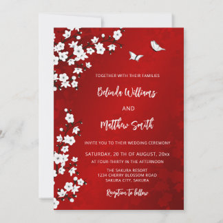 Invitation Fleur de cerisier blanche rouge | Mariage