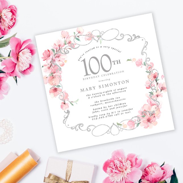 Invitation Fleur de cerisier rose 100e fête d'anniversaire (Créateur téléchargé)
