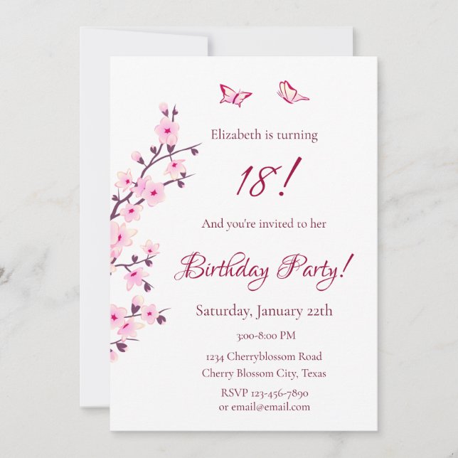 Invitation Fleur de cerisier rose Anniversaire (Devant)