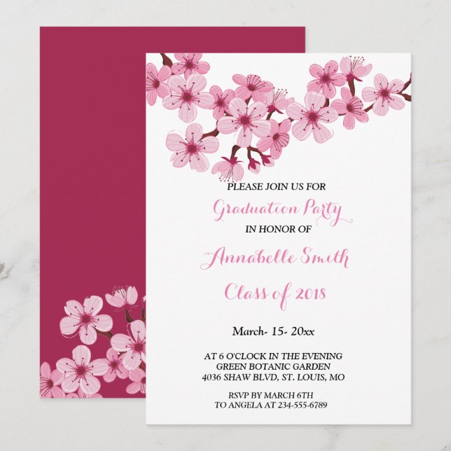 Invitation Fleur de cerisier rose blanc Fleur de Graduation P (Devant / Derrière)