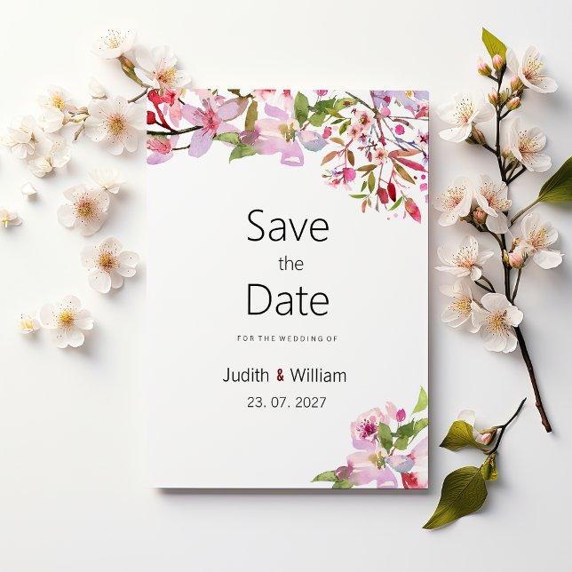 Invitation Fleur de cerisier rose botanique été Enregistrer l (Botanical pink cherry blossom summer Save the Date )
